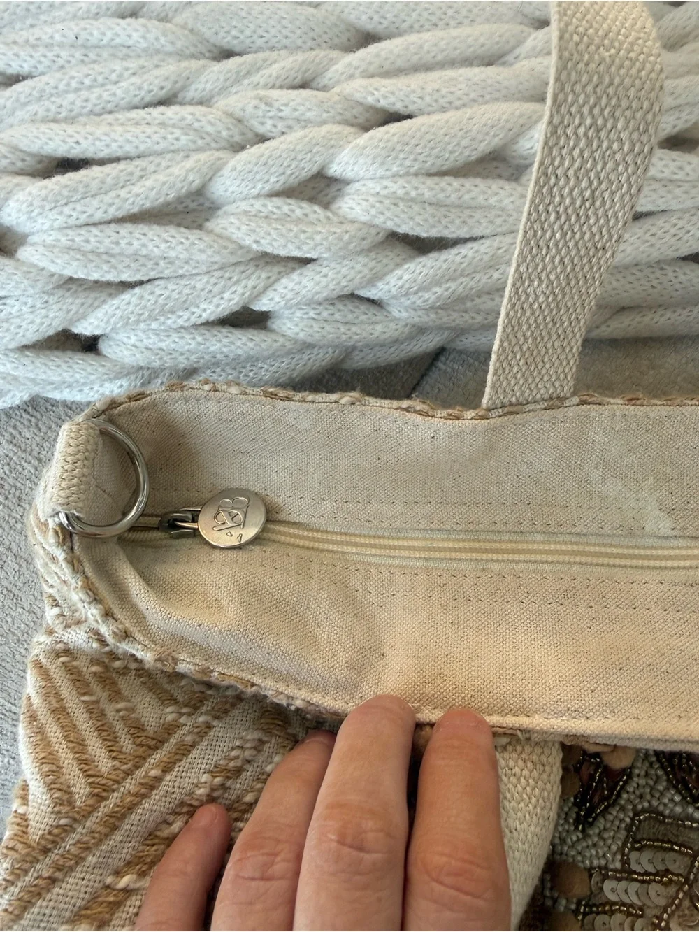 Beaded Floral Embroidered Beige & Pink Tote Bag with Tassel